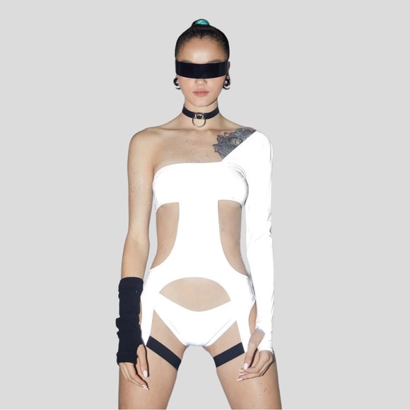 NWT Dolls Kill Reflective Strappy Cutout Garter Bodysuit With Panty Rave Set - Picture 10 of 13